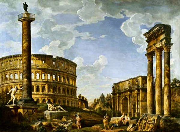 Colosseum, Borghese&nbsp;Warrior, Trajan's&nbsp;Column, the&nbsp;Dying Gaul, Tomb&nbsp;of&nbsp;Cestius, Arch&nbsp;of&nbsp;Constantine&nbsp;and the&nbsp;Tempel&nbsp;of&nbsp;Castor&nbsp;and&nbsp;Pollux - 1734 - Giovanni&nbsp;Paolo&nbsp;Panini
