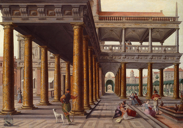 Architectural&nbsp;capriccio&nbsp;with&nbsp;figures - 1568 - Hans&nbsp;Vredeman&nbsp;de&nbsp;Vries (1527 tot 1606) 
